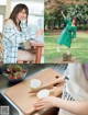 A woman in a green dress is cutting an onion on a cutting board.